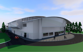 An architects illustration of the exterior of the proposed basketball centre redevelopment