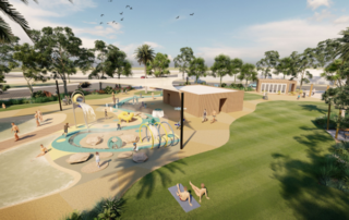 An architects illustration of an outdoor water play and leisure public pool and surrounding amenities.