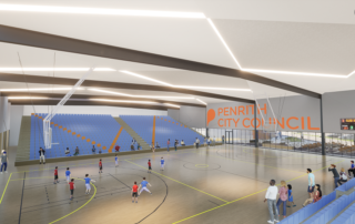 An architects illustration of an indoor basketball court